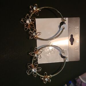 Nine West Gold Floral Crystal Hoop Earrings